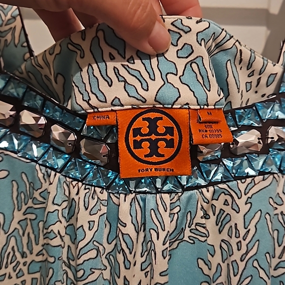Tory Burch 100% Silk Crystal Turquoise Coral Print Mid-Length Dress/ M - Picture 8 of 9